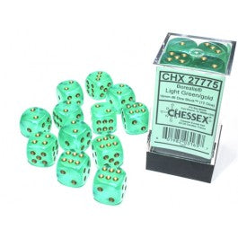 Chessex Borealis 16mm d6 Light Green/gold Luminary Dice Block (12 dice)